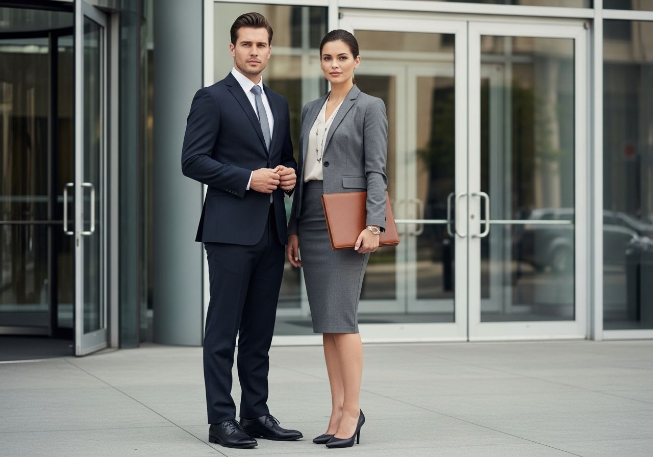 Profesionální muž a žena před moderní kanceláří v oblečení na notářské jednání.