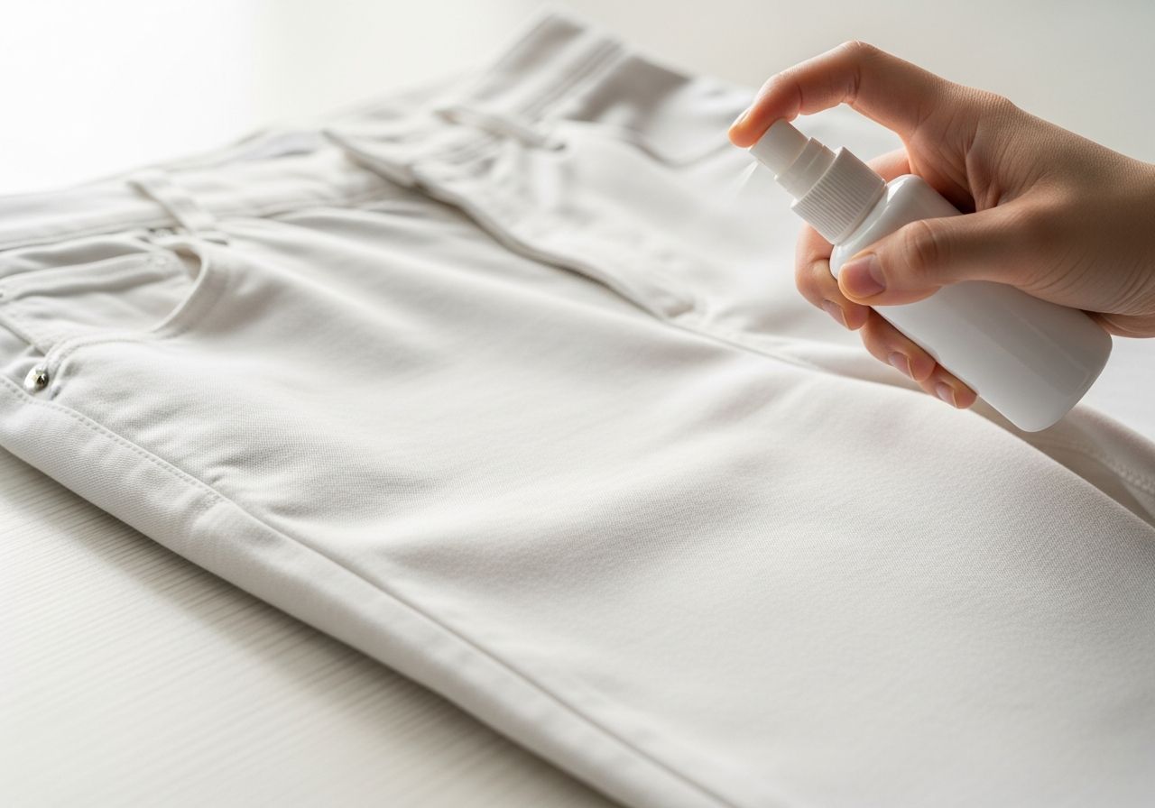 Bílá bavlněná kalhoty na dřevěném podkladu, ruka stříká jemný sprej na látku.