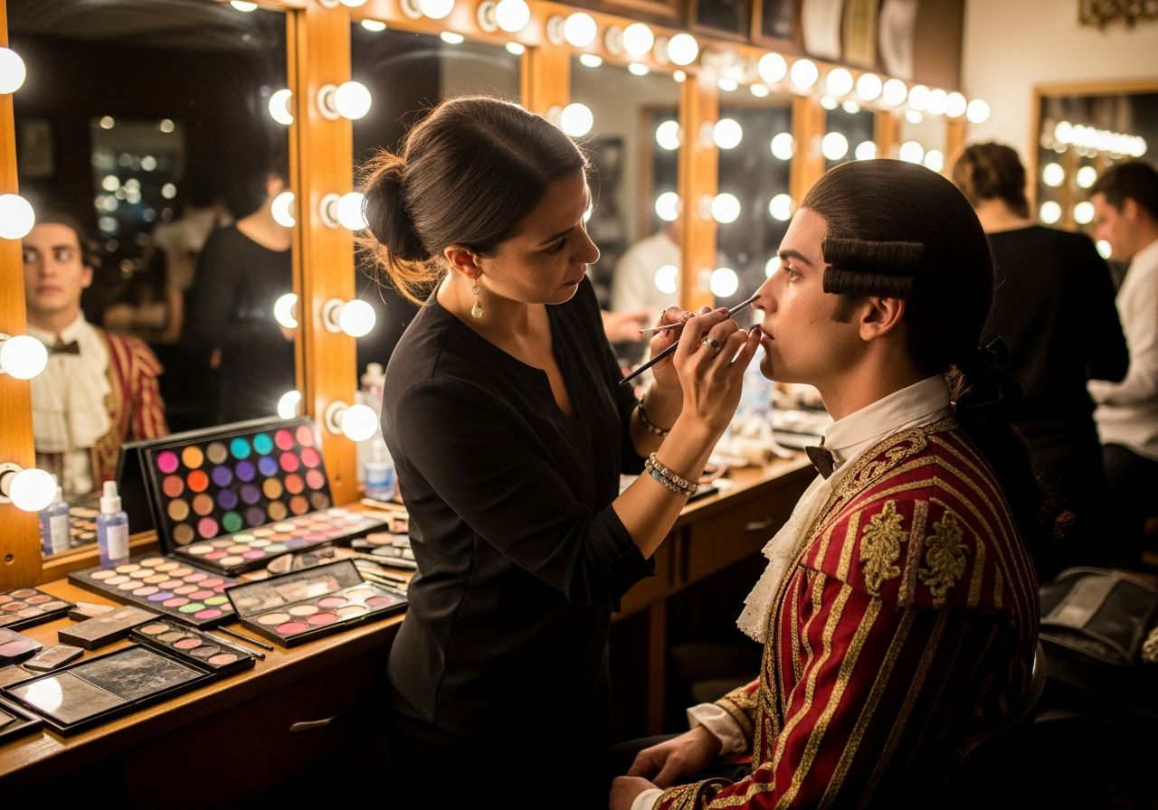 Profesionální vizážistka nanáší divadelní make-up herci v šatně s vintage zrcadly a přípravou kostýmu.