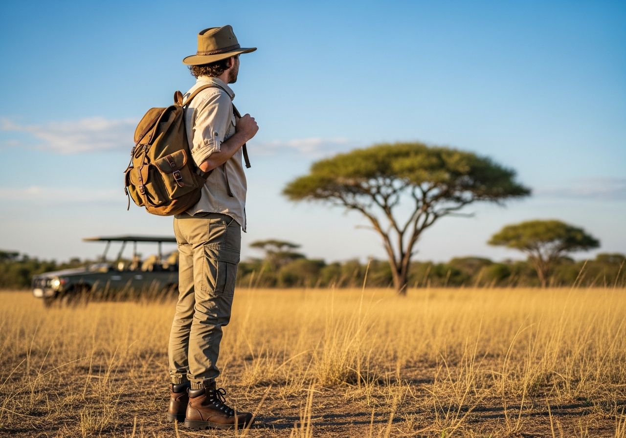 Cestovatel v khaki oblečení připravený na safari v savaně s jeepem a akáciemi pod modrou oblohou