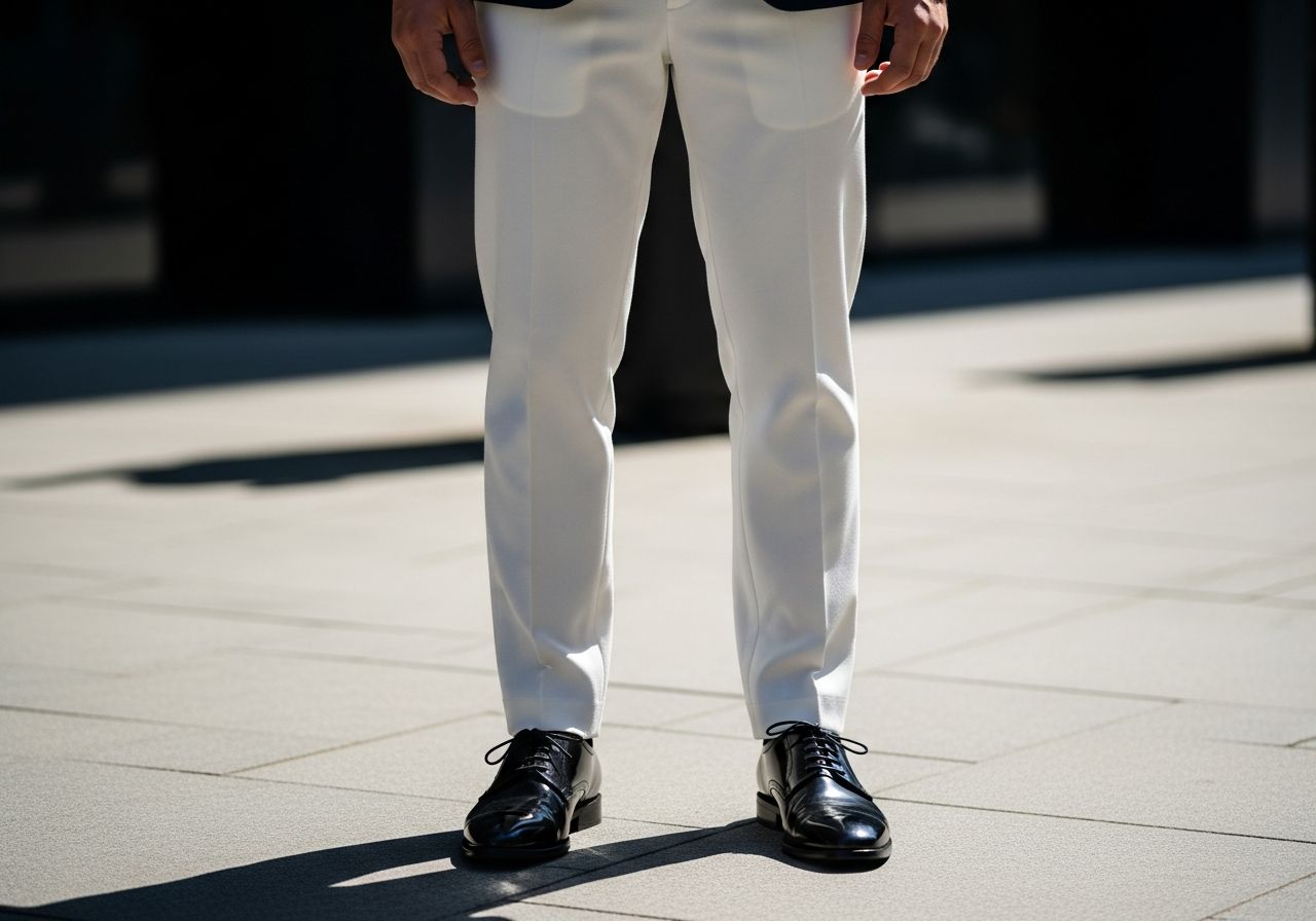 Módní postava venku ve slunečném dni nosí bílé kalhoty a černé kožené boty na městském chodníku.