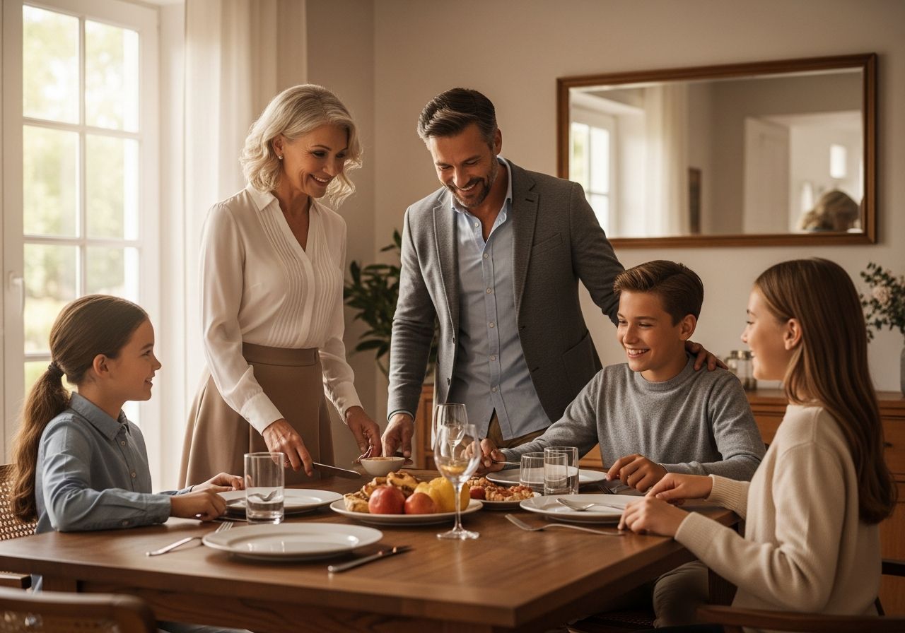 Rodina se setkává u dřevěného stolu na oběd v teplé místnosti plné přirozeného světla.