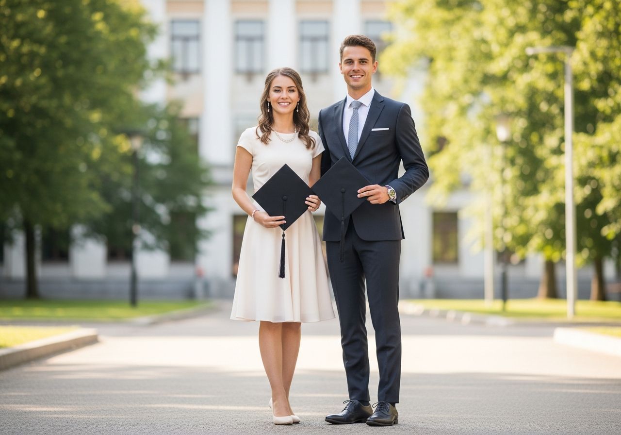 Mladý muž a žena v oděvu na promoci drží čepice před univerzitou v přirozeném světle.