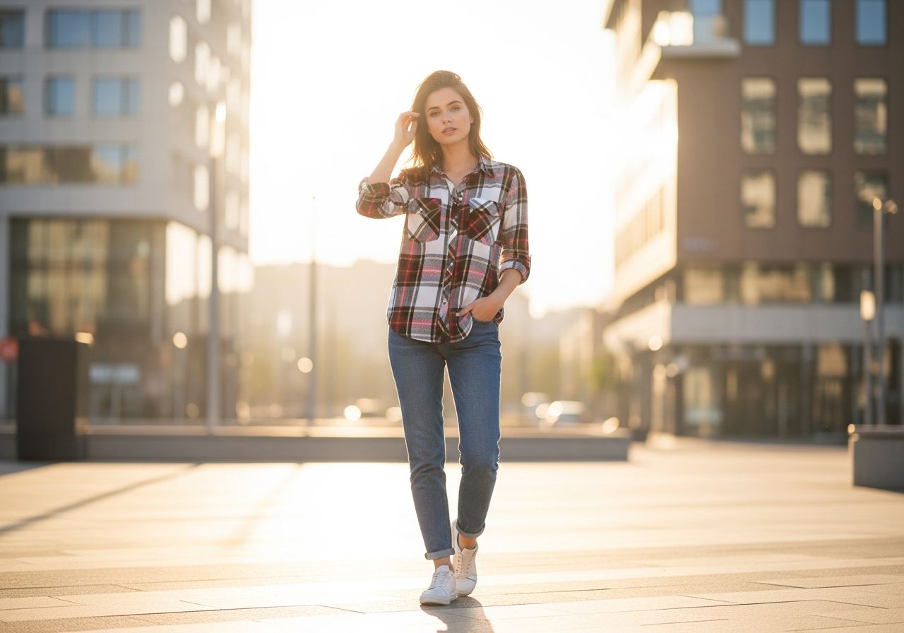 Mladá žena v kostkované košili stojí ve městě během zlaté hodiny s džínami a bílými teniskami