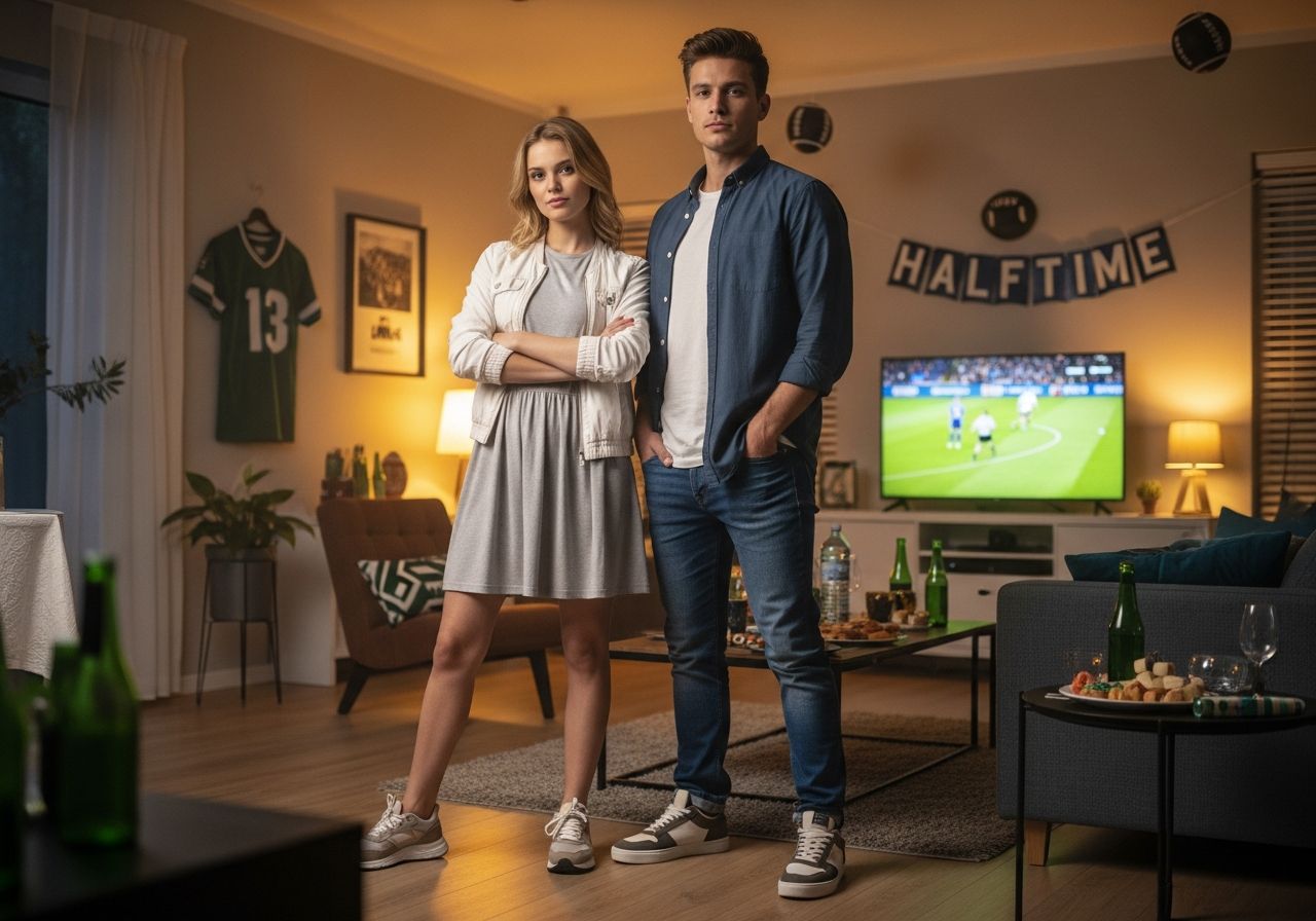 Mladý pár v moderním obýváku na poločasové párty se sportovními dekoracemi a občerstvením.