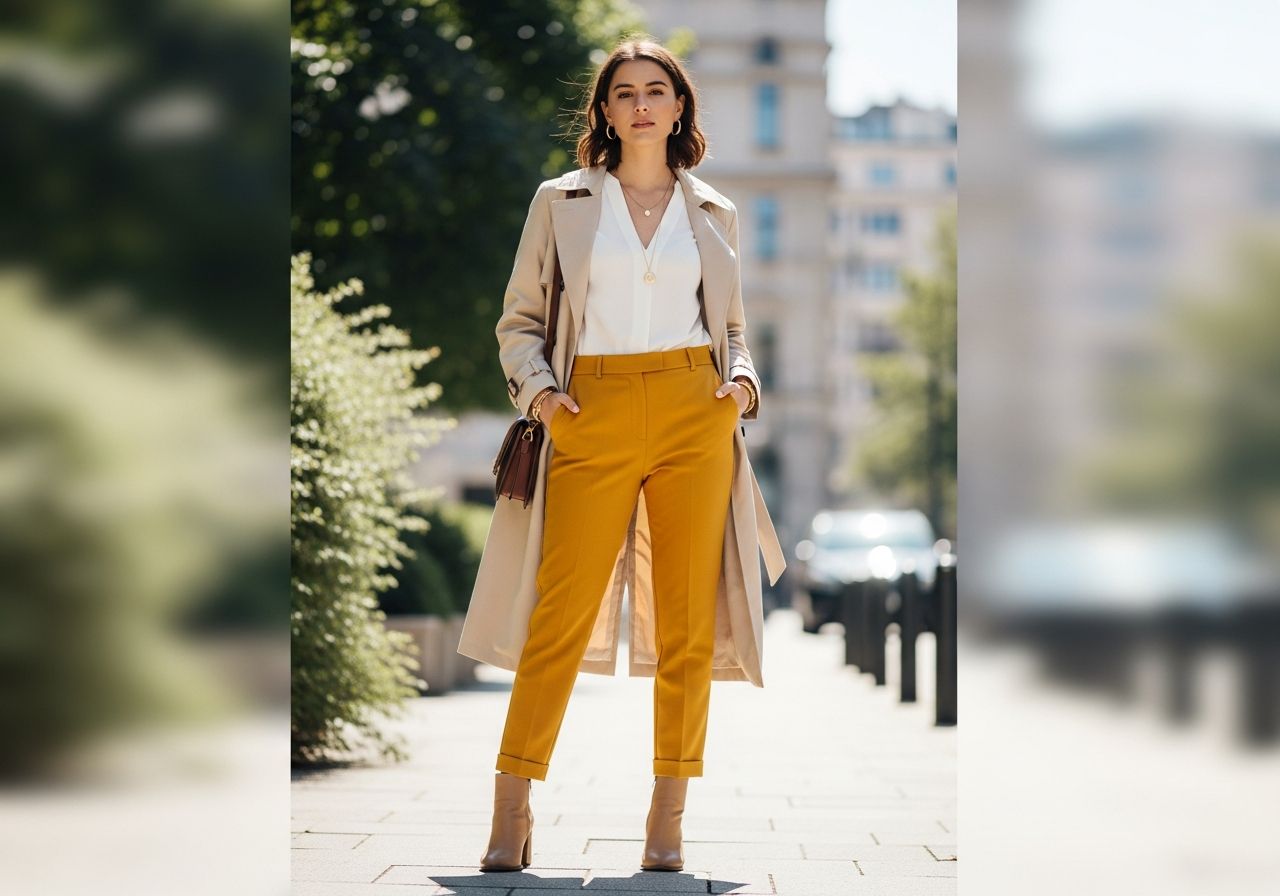 Mladá žena v hořčicových kalhotách s bílou halenkou a béžovým trenčkotem ve městě.