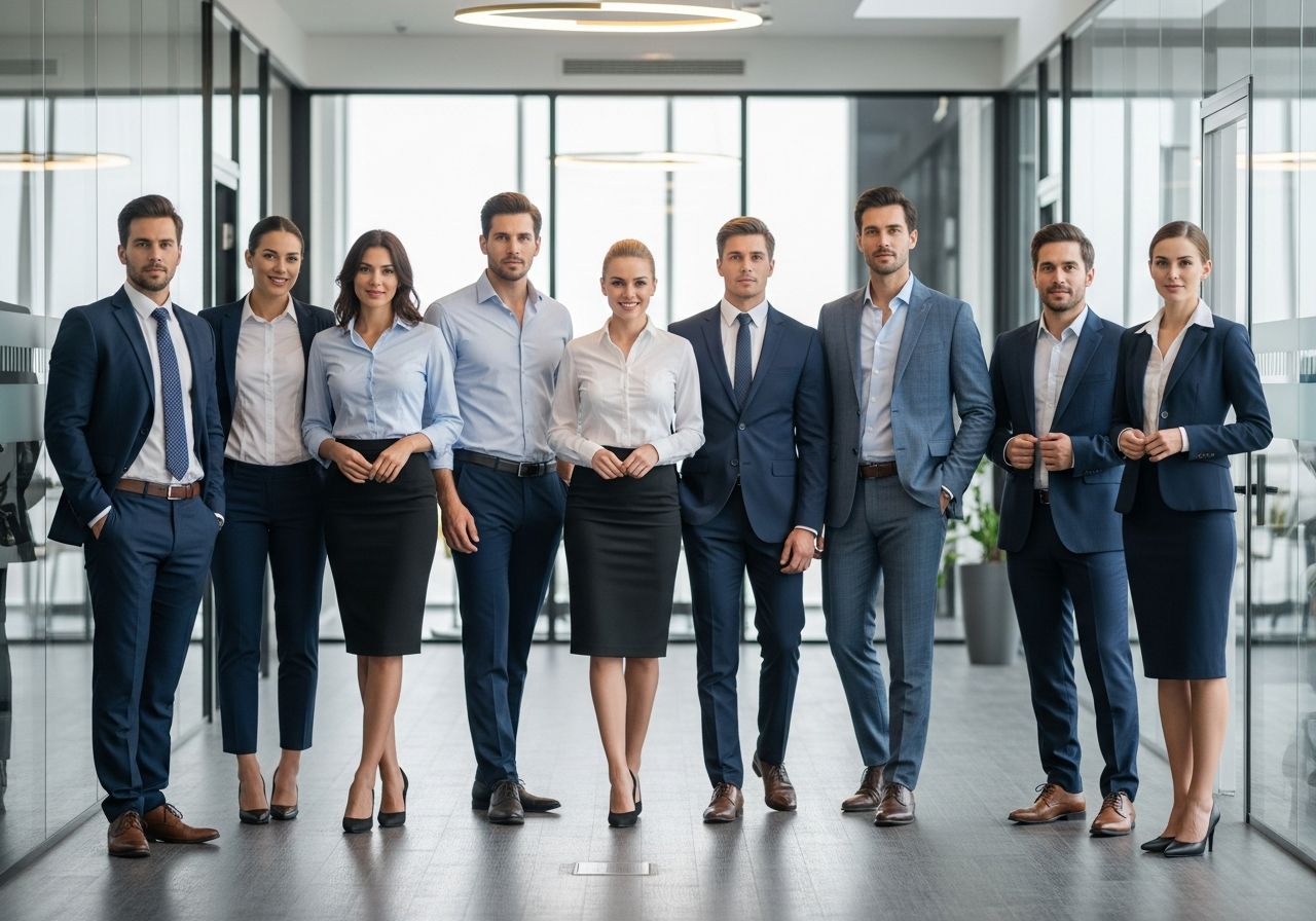 Skupina profesionálů v moderní kanceláři oblečená ve formálním pracovním oděvu, přirozené světlo, skleněné stěny