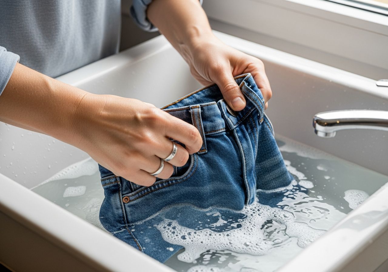 Ruce ručně perou modré džíny v keramickém dřezu s mýdlovou pěnou při denním světle