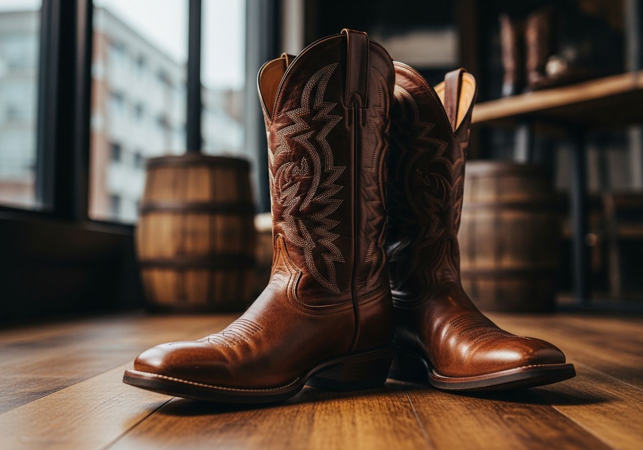 Detailní záběr opotřebovaných kovbojských bot na dřevěné podlaze s kombinací městského a venkovského stylu