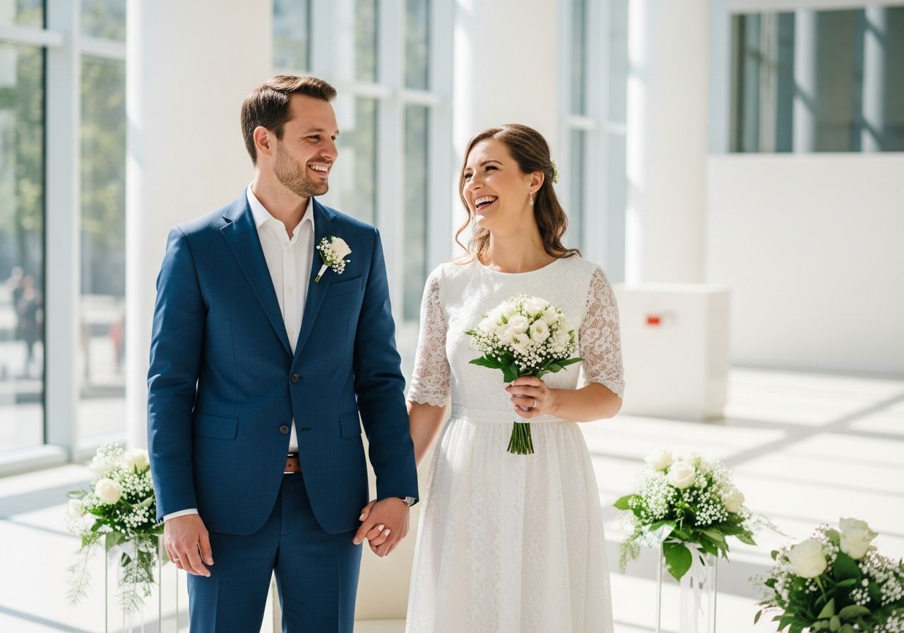 Šťastný pár u civilního obřadu v moderní světelné budově radnice, nevěsta v bílé, ženich v modrém obleku