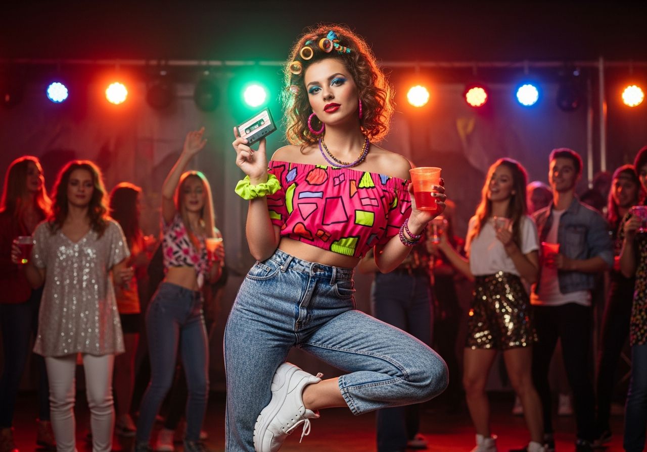 Mladá žena na 80. párty v neonovém topu drží kazetu, kolem disco světla a lidé v oblečení 80. let.