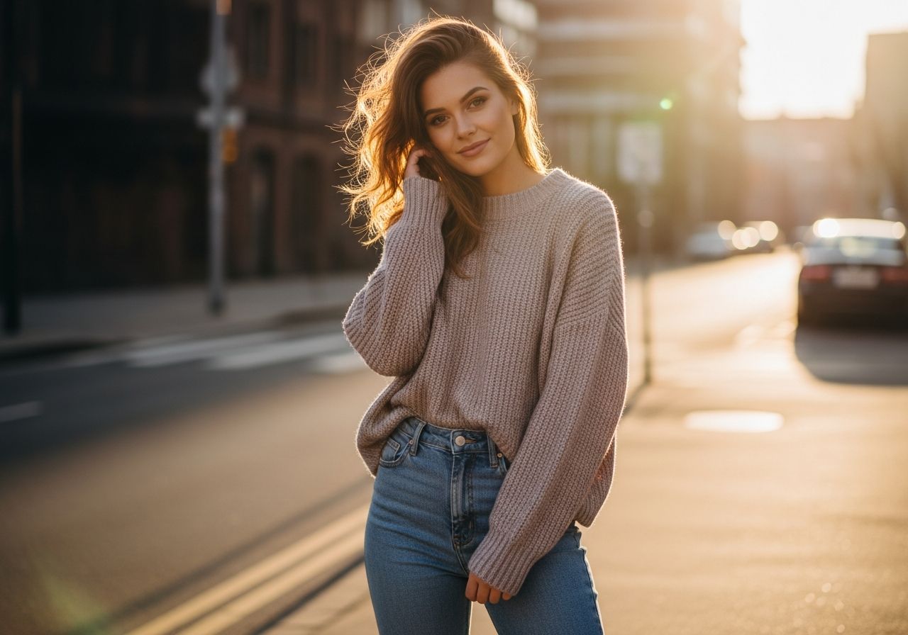 Mladá žena v městě s teplým svetr a džíny během zlaté hodiny, přirozený vzhled a úsměv.