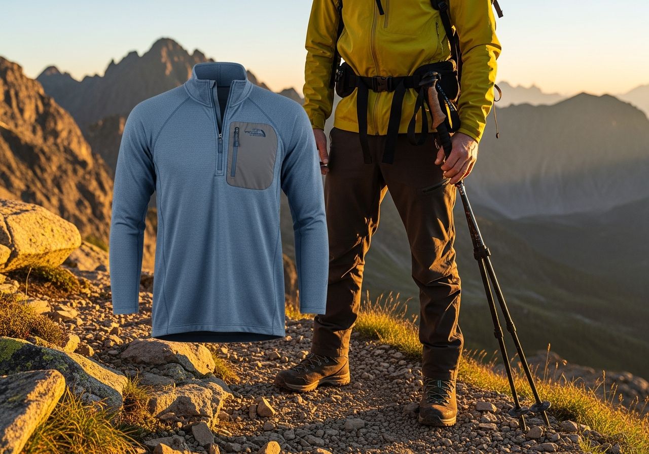 Turista v vrstveném oblečení na horské stezce při východu slunce s batohem a trekingovými holemi.