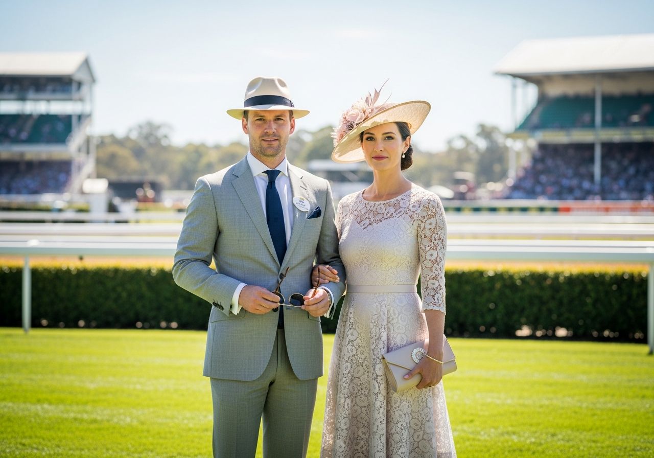Elegantní pár na dostizích ve stylovém oblečení, muži v obleku, ženy v šatech, za slunného dne