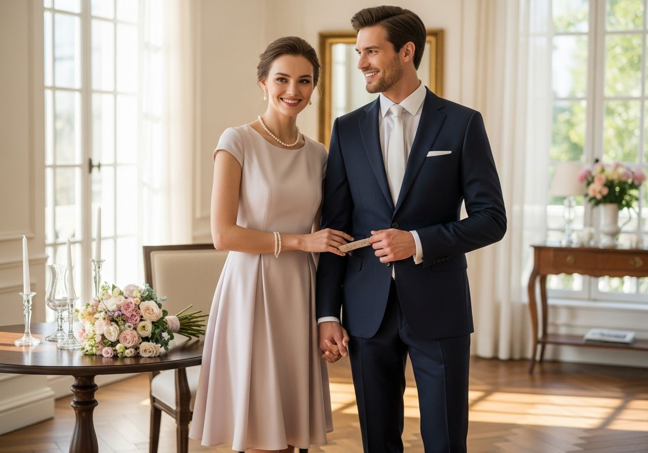 Stylově oblečený pár slaví výročí svatby v elegantní místnosti s květinami a přirozeným světlem.