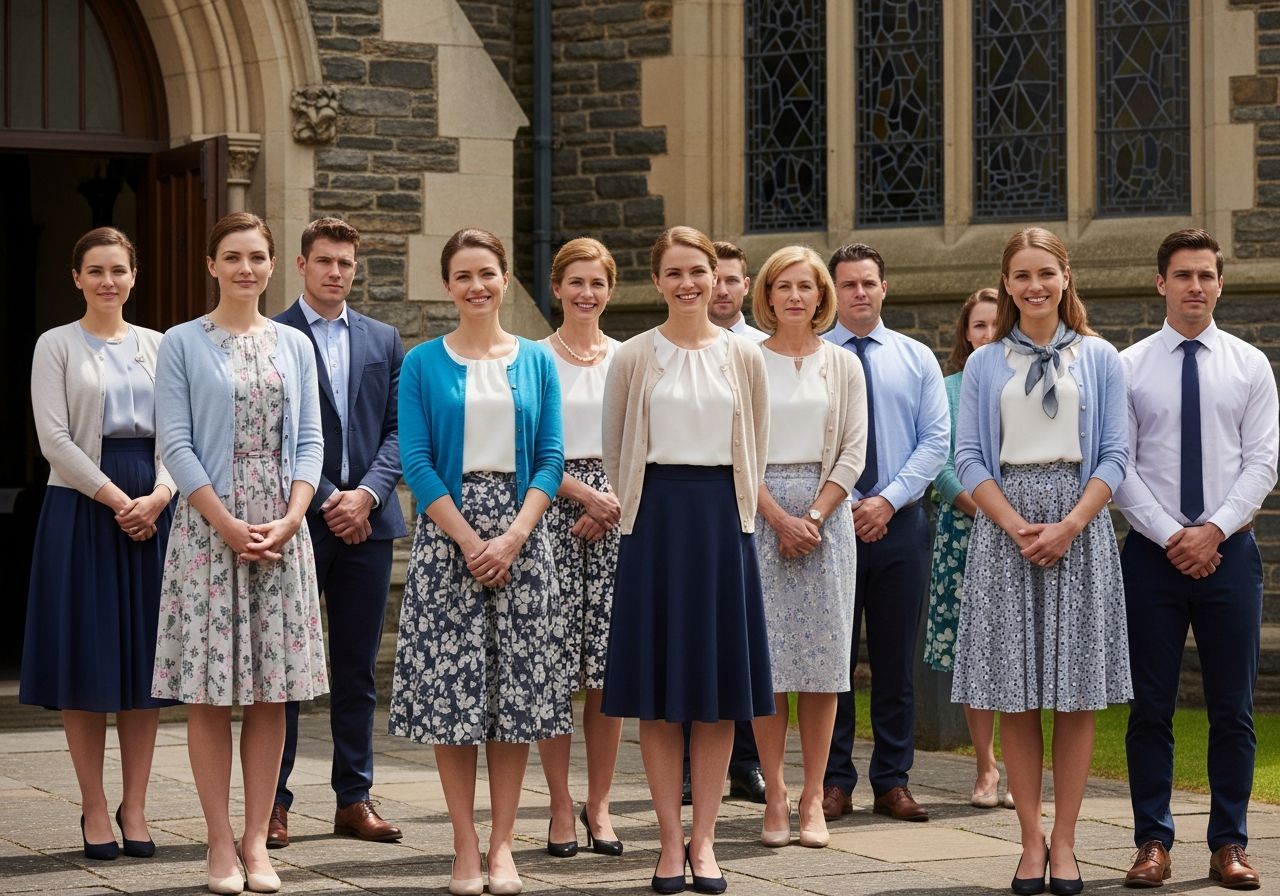Skupina lidí v elegantním oblečení stojí před tradičním kostelem za slunečného dne.