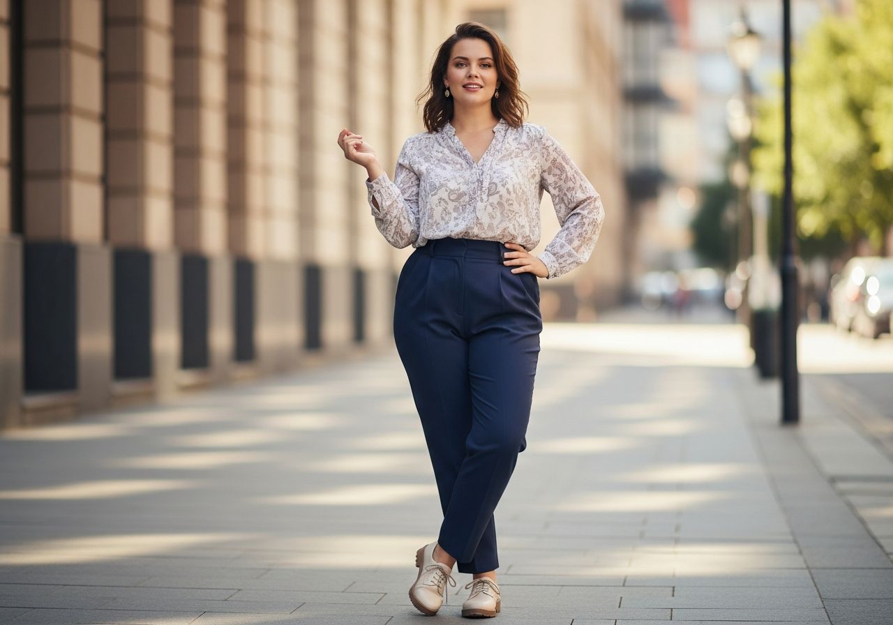 Žena s křivkami stojí ve městě v elegantním oblečení, s přirozeným úsměvem a jemným make-upem.