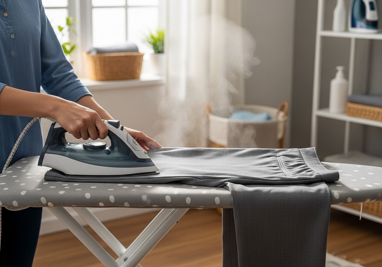 Osoba žehlí hladké kalhoty na moderním žehlícím prkně v světlé a útulné prádelně.