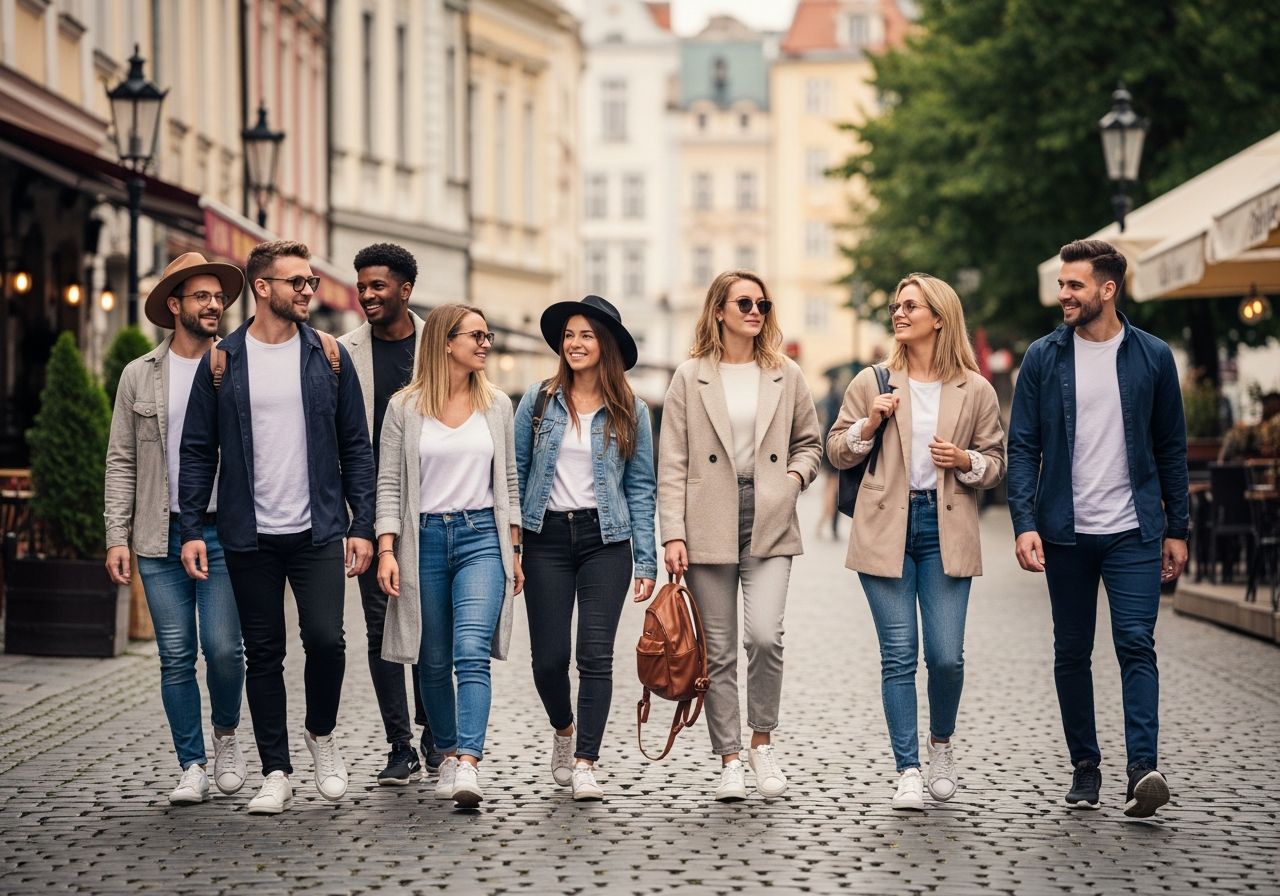 Skupina mladých lidí v městském oblečení prochází historickou ulicí s kavárnami a dlažbou.