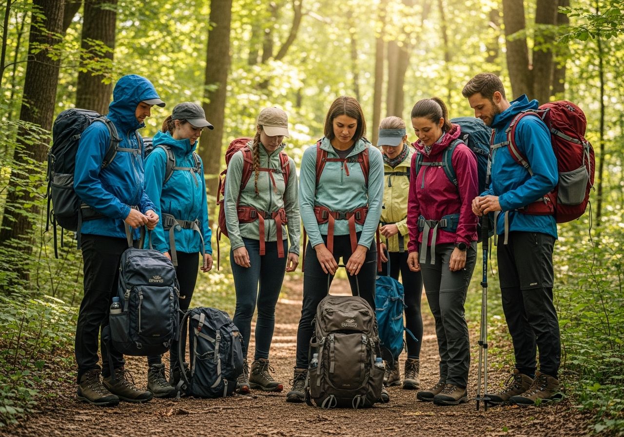 Skupina turistů v turistickém oblečení stojí na lesní stezce za slunečného dne.