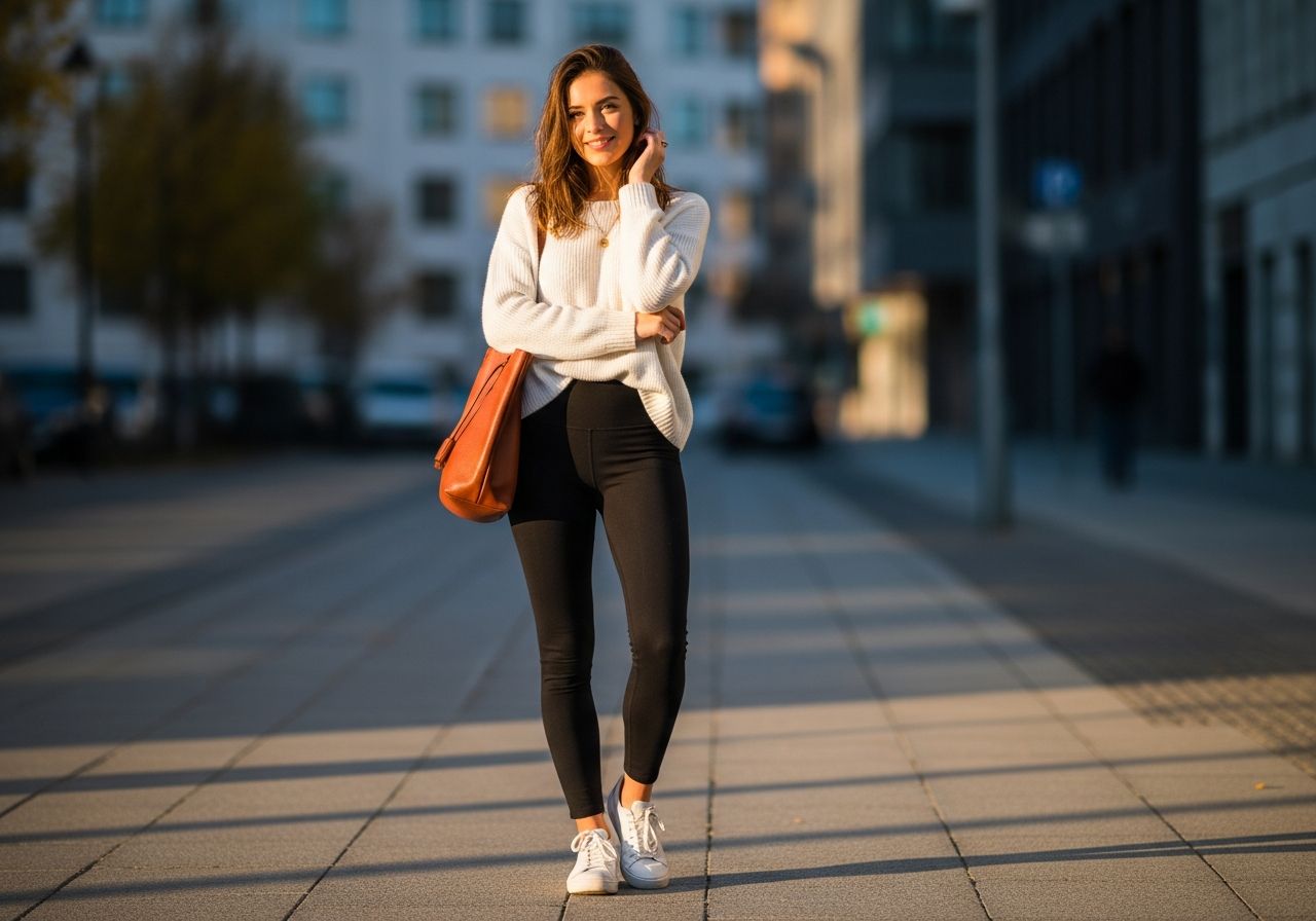 Mladá žena v černých legínách a bílém svetru drží koženou tašku ve městě za zlaté hodiny.