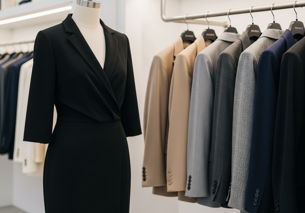 Černé šaty na manekýnu s blazery v neutrálních barvách v moderním butiku