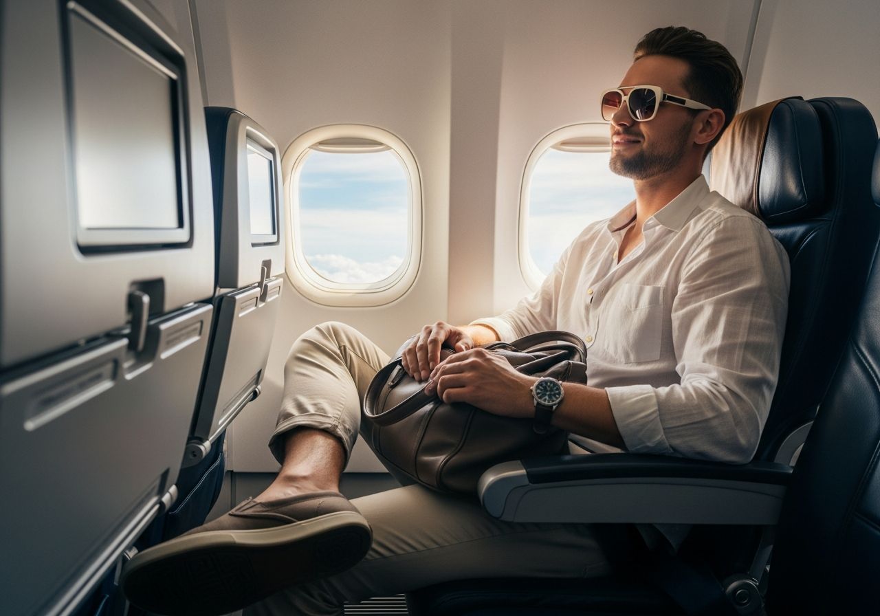 Mladý cestovatel v letadle v lehkém oblečení, drží tašku, venku slunečná obloha a mraky.