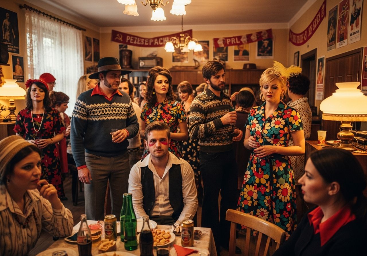 Fotorealistický obrázek retro párty místnosti v duchu PRL s lidmi v dobovém oblečení a dekoracích.