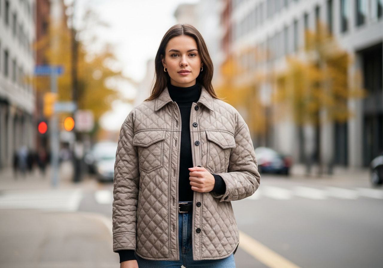 Mladá žena v prošívané bundě stojí na městské ulici s podzimním pozadím ve městě.