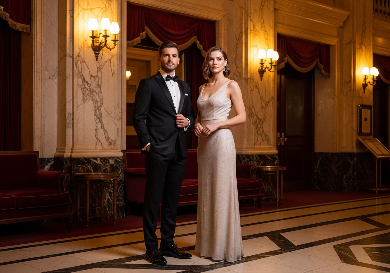 Elegantní pár v sále divadla, muž v smokingu, žena v dlouhých šatech, slavnostní atmosféra