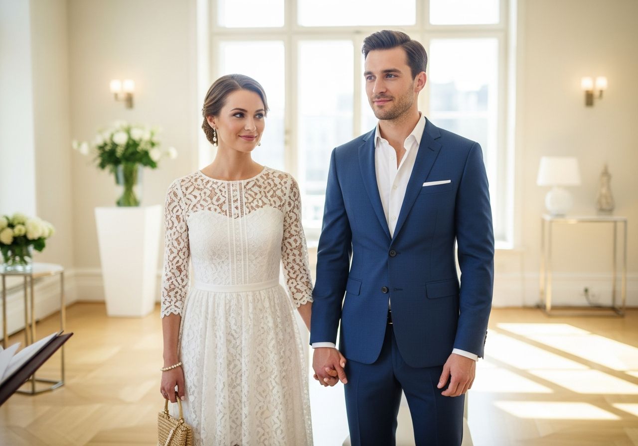 Stylový pár držící se za ruce při občanském obřadu v světlé, elegantní místnosti.