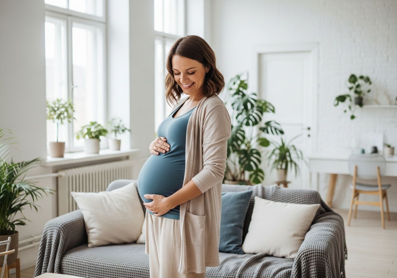 Těhotná žena v pohodlném oblečení v moderním obýváku s přírodním světlem a skandinávským nábytkem