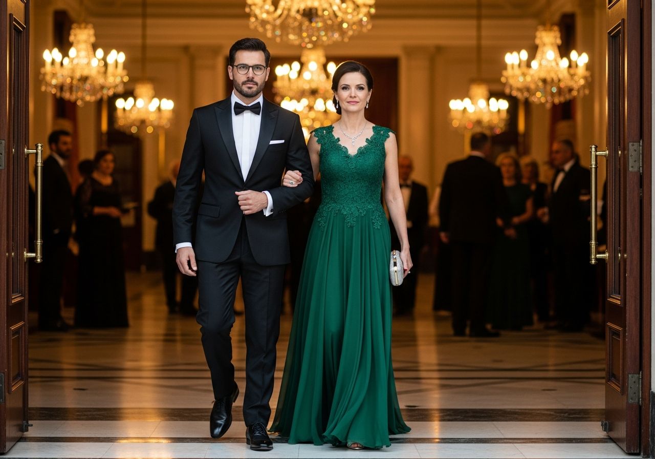 Muž v černém smokingu a žena v zelených šatech přicházejí na luxusní večerní galavečer.