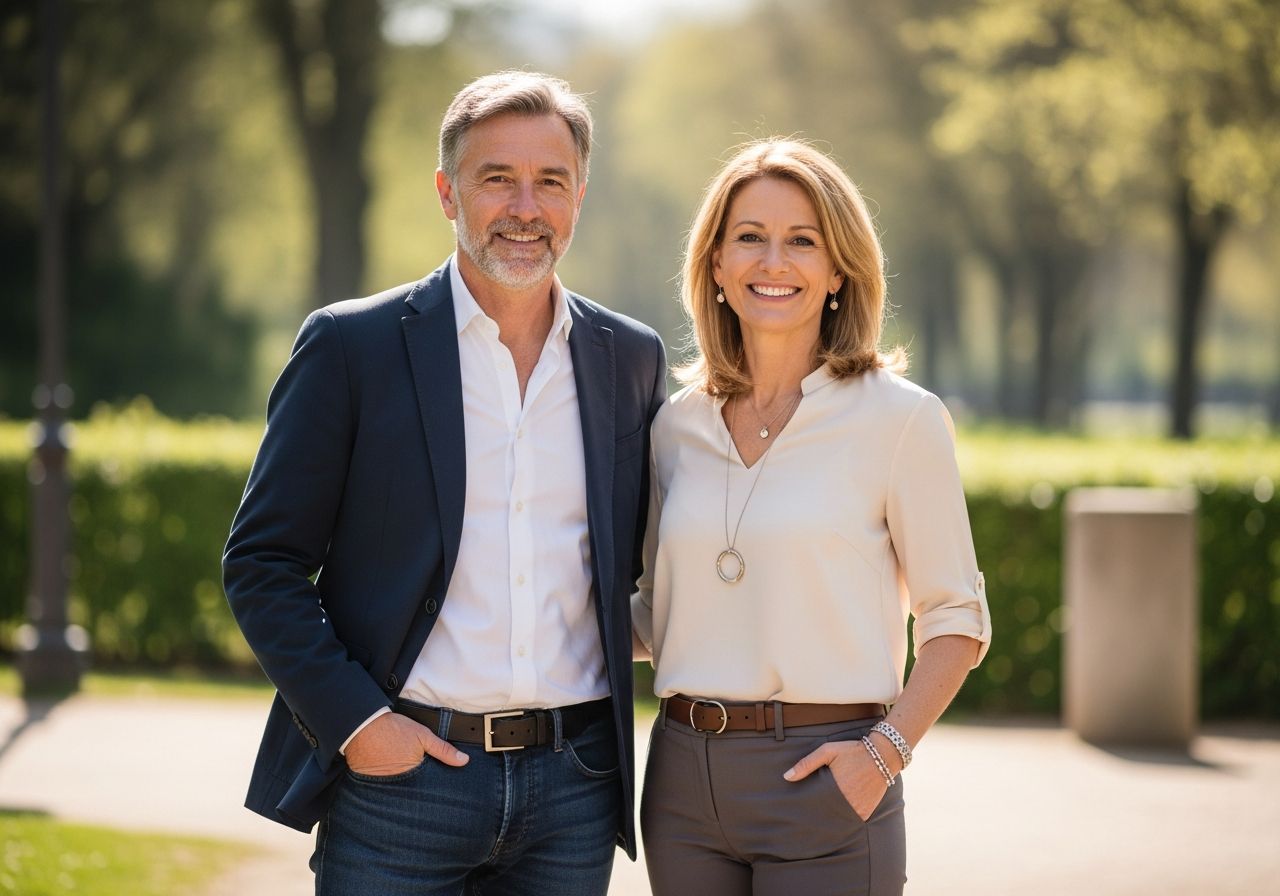 Stylový muž a žena stojí venku v parku, oblečeni ležérně, usmívají se, denní světlo kolem nich.