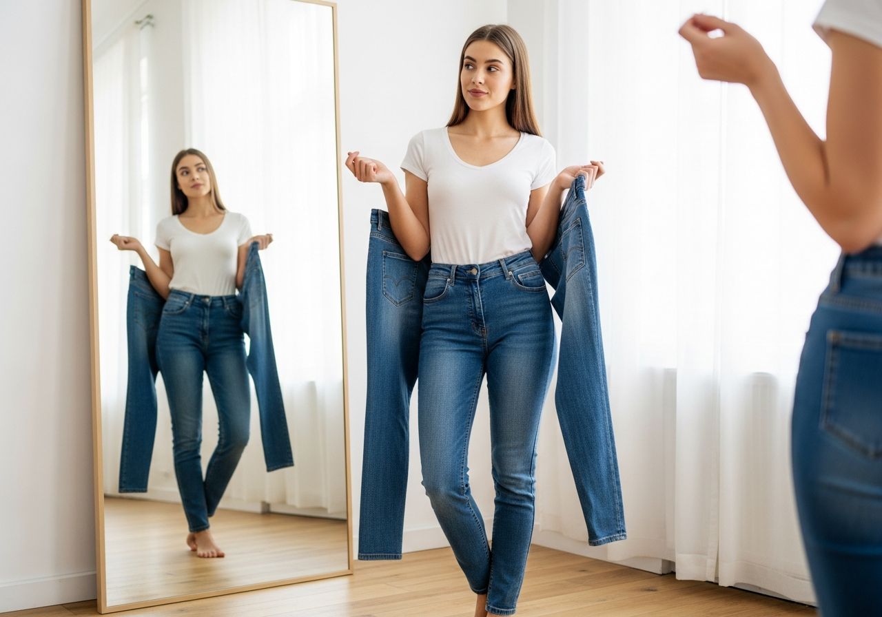 Mladá žena v moderní kabince zkouší modré džíny a drží další pár v ruce před zrcadlem.
