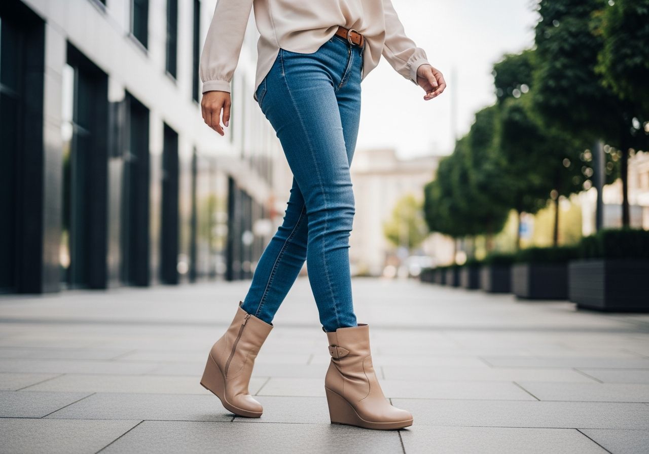 Žena kráčí po městském chodníku v béžových kotníkových botách a úzkých džínách.