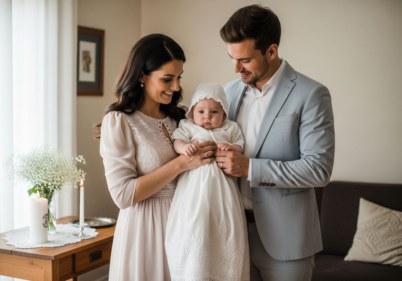Rodina připravuje dítě na křest v útulném obývacím pokoji s křestní svící a květinami.