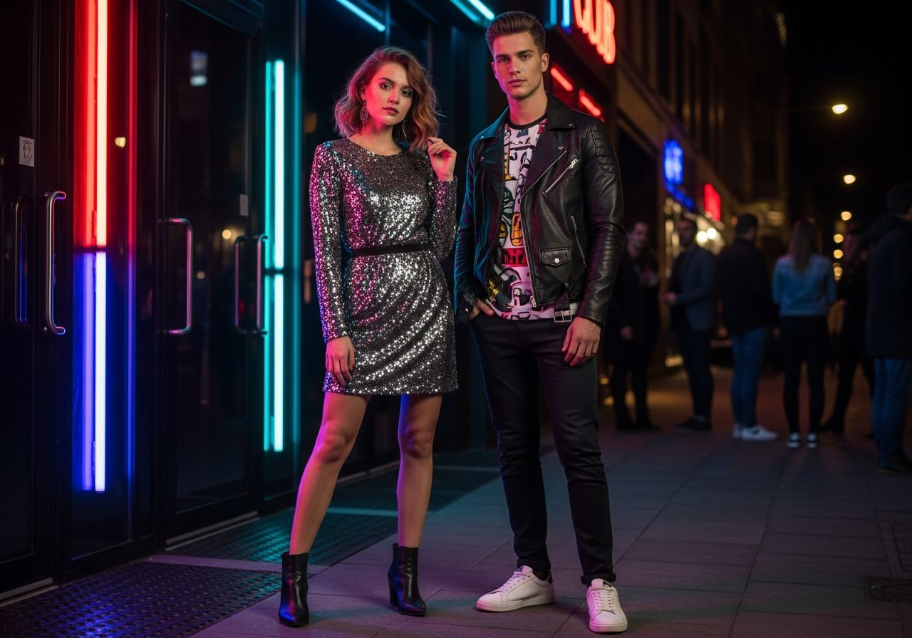 Mladý pár stojí před nočním klubem v stylových disco outfitech za barevného neonového osvětlení.