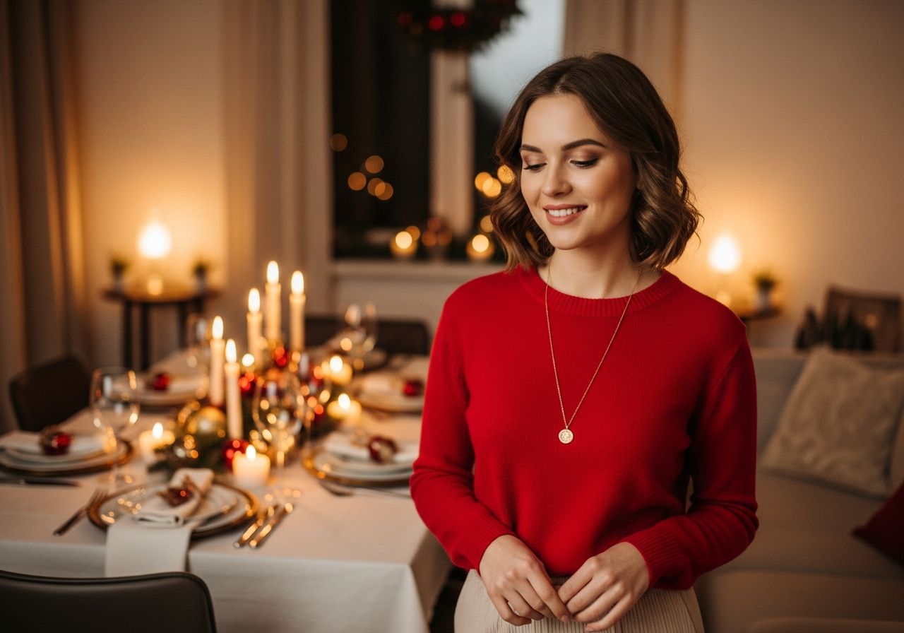 Žena v červeném svetru stojí v útulném obýváku s vánočně prostřeným stolem v pozadí.