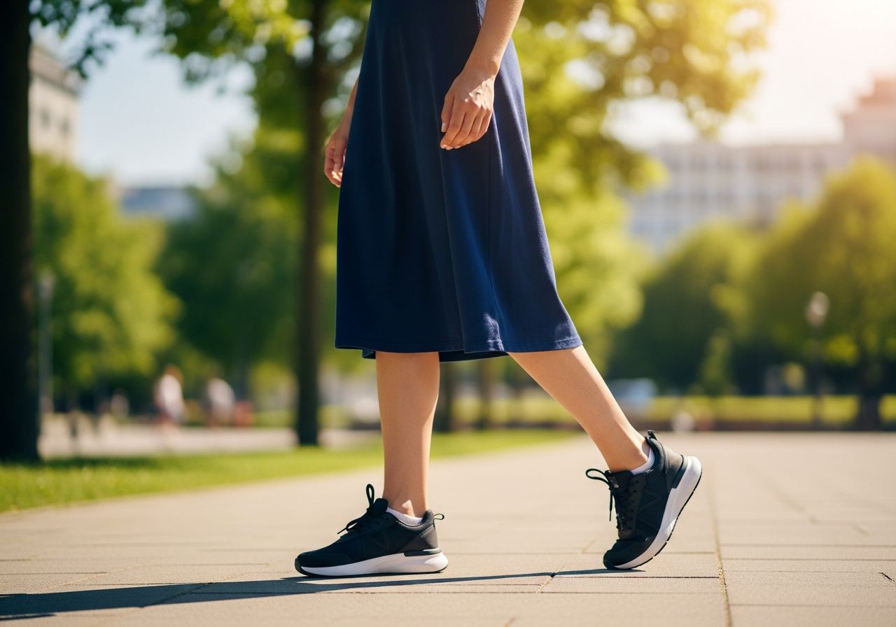 Mladá žena kráčí v sportovních šatech a sneakers v městském parku za slunného dne