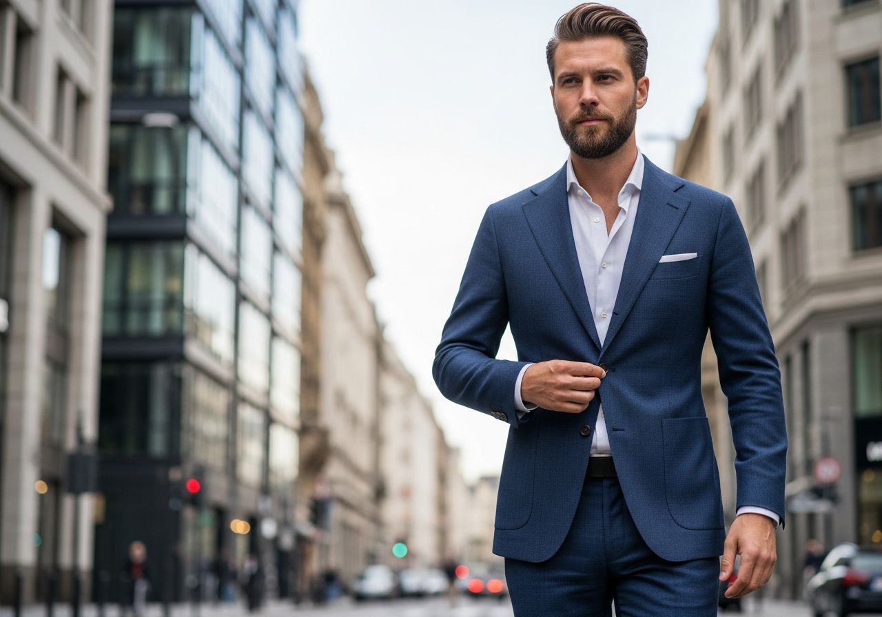 Muž v tmavě modrém saku s bílou košilí stojí na městské ulici s rozmazanými budovami v pozadí