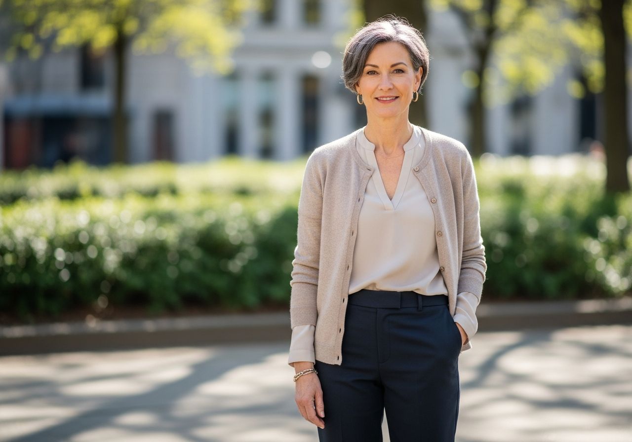 Fotorealistický portrét sebevědomé ženy kolem 50 let v přírodním světle a městském parku.