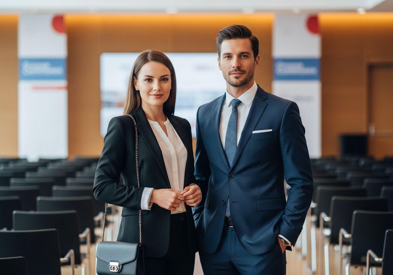 Profesionální muž a žena v obleku stojí v moderní konferenční hale s rozmazaným pozadím.