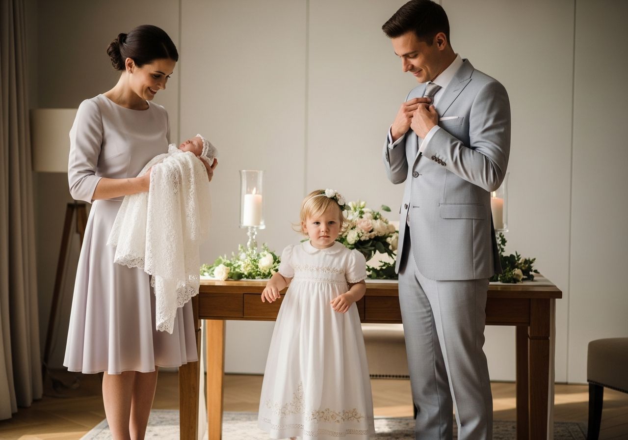Rodina připravuje dítě na křest v moderním obývacím pokoji s květinami a svíčkami.