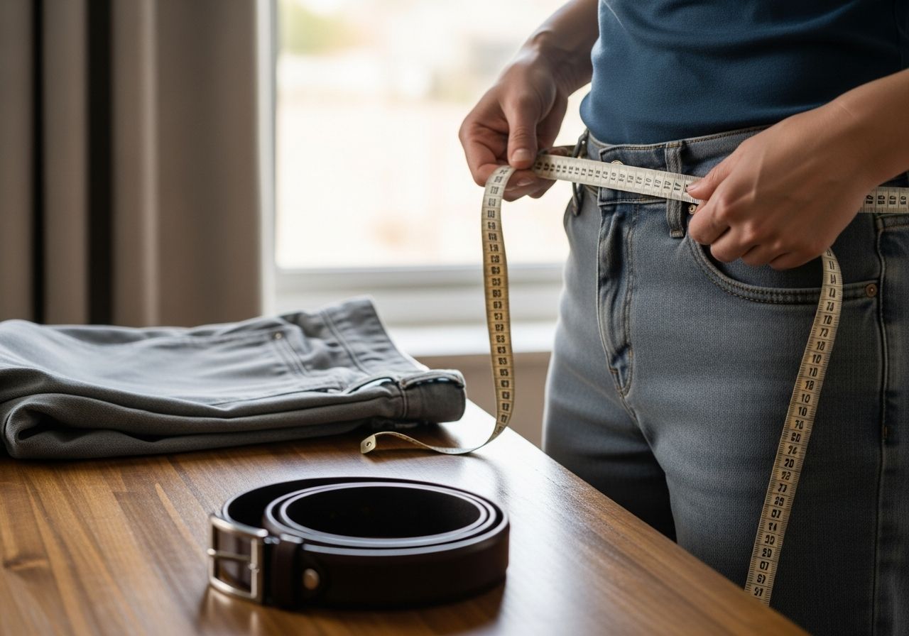 Ruce měří obvod pasu u kalhot a koženého opasku na dřevěném stole při denním světle