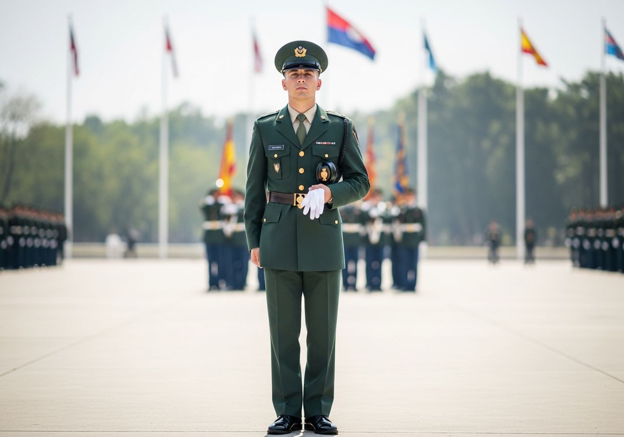 Mladý voják v uniformě drží rukavice na vojenské přísaze, pozadí s vojáky a vlajkami venku