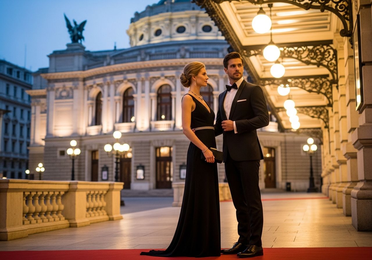 Stylový pár před opeře večer, žena v černých šatech, muž v smokingu, červený koberec, rozostřené pozadí.