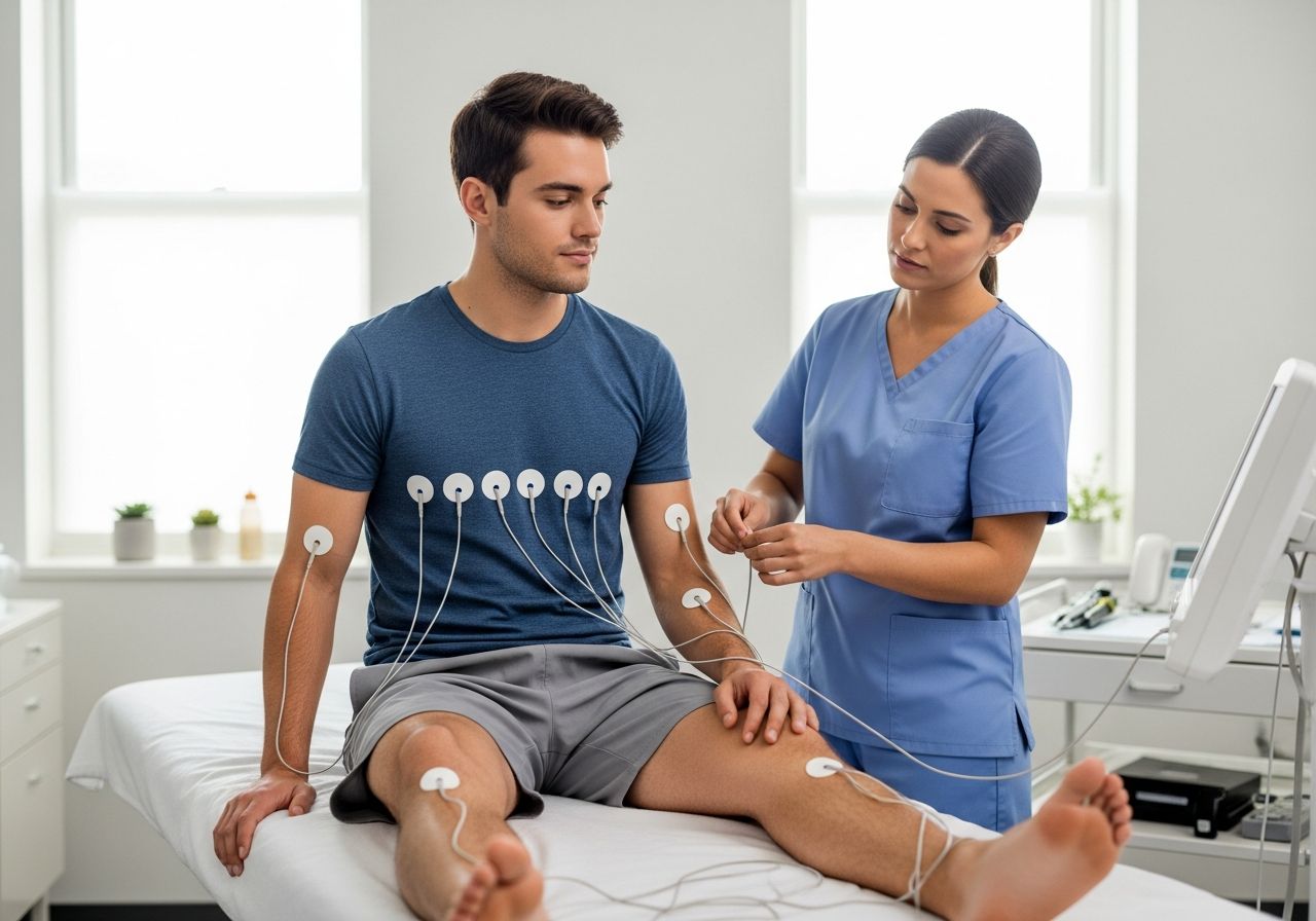 Mladý dospělý na vyšetřovacím stole v kardiologické klinice, elektrody připojené, lékař upravuje zařízení