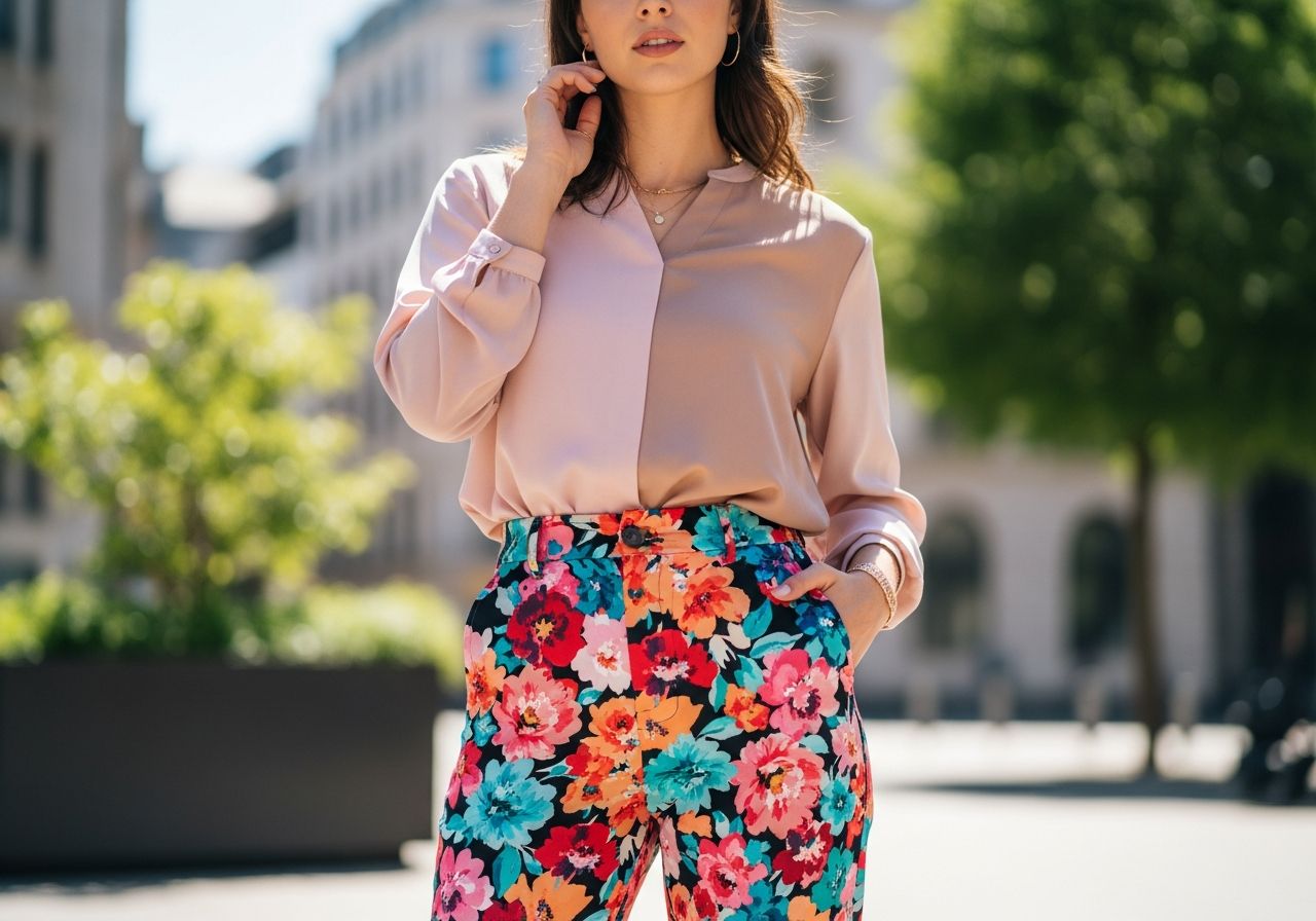 Mladá žena v květovaných kalhotách a pastelové blůze ve městě s rozmazaným pozadím greenery