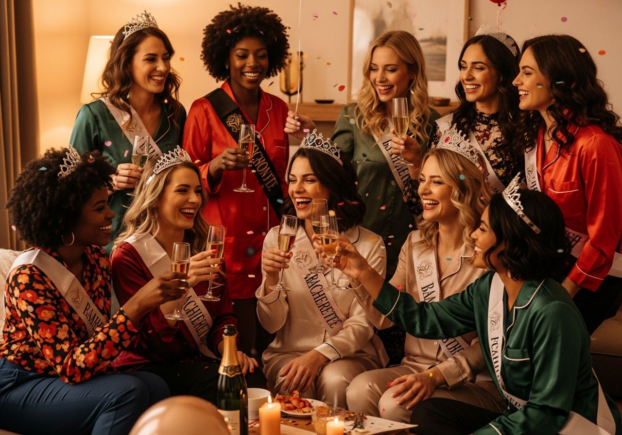 Skupina žen slaví rozlučku se svobodou s šampaňským a party doplňky v útulném obýváku.